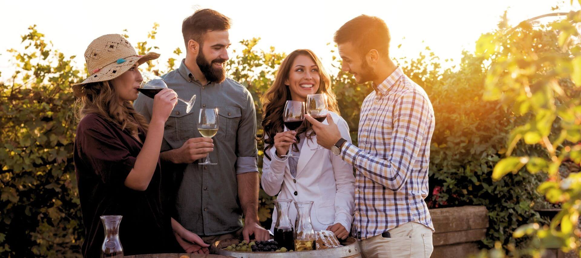 four friends standing together in a vineyard, drinking red and white wine while smiling and talking