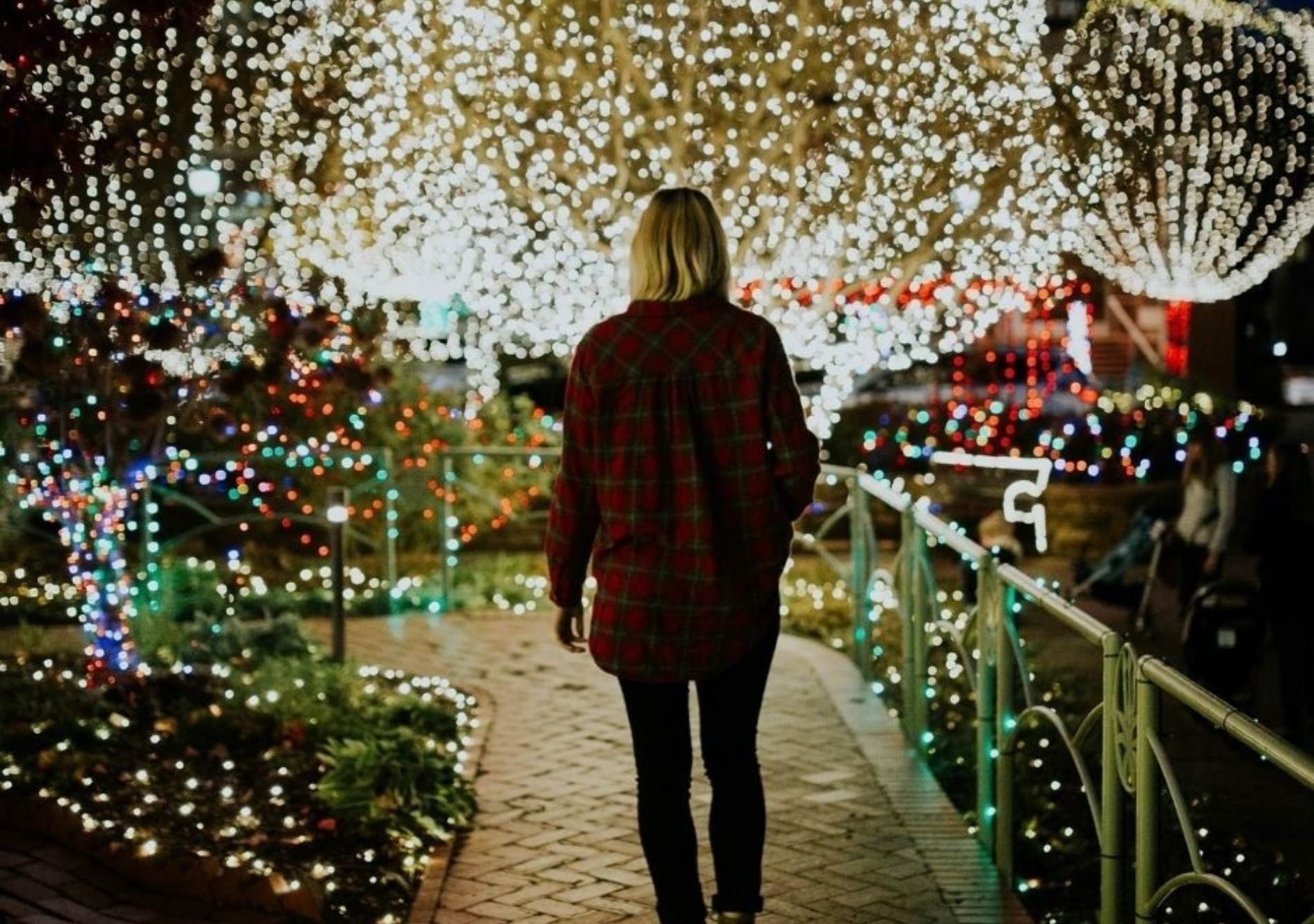 Woman walking on path towards lighted tree display