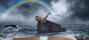 noahs ark on the water with some animals poking out of it as it storms around them and a rainbow shines above them an open bible is under the ark