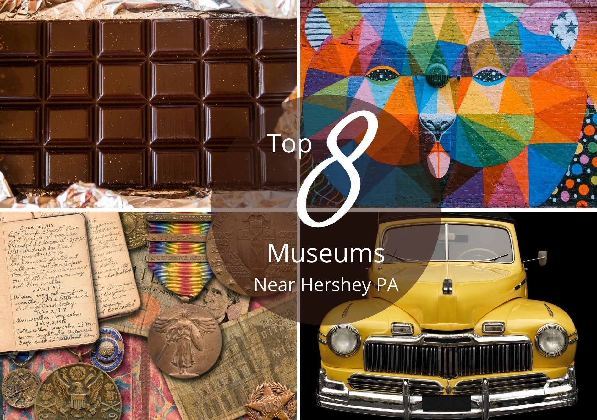 Quadrant of images of chocolate, art, an antique car, and Civil War memorabilia with text “Top 8 Museums Near Hershey PA”