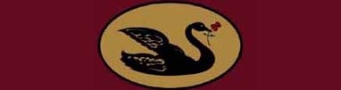 Black Swan Antiquities logo of black swan holding red rose against gold and burgundy background