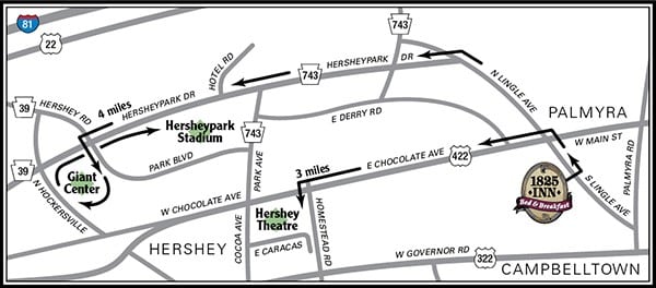 map from 1825 inn to Giant Center, Hersheypark Stadium, and Hershey Theatre